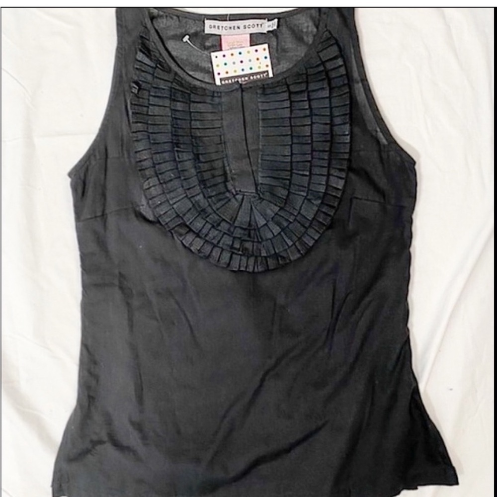 Gretchen Scott Top Sz. S Tuxedo Style Black Ruffle